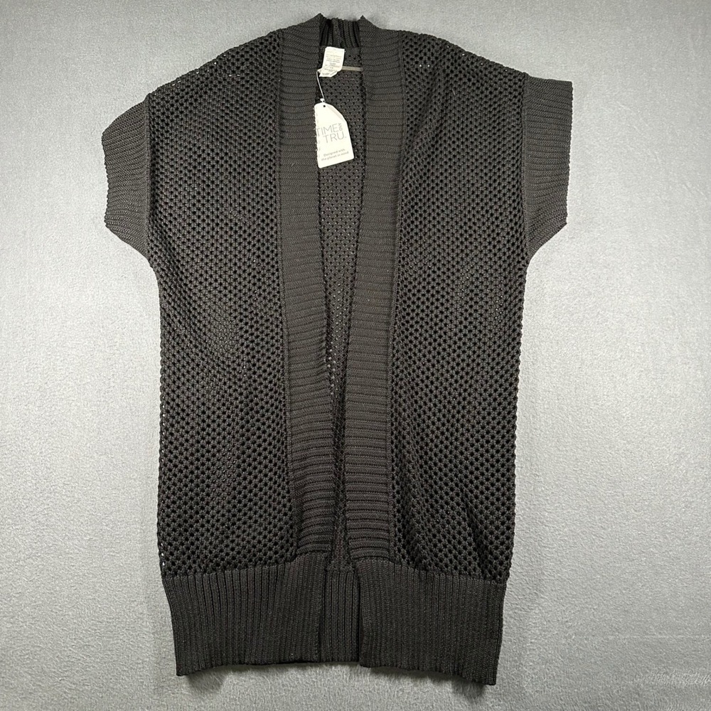 Time and Tru Crochet Layering Cardigan Womens S-M Black Vest Open Front Mesh NWT